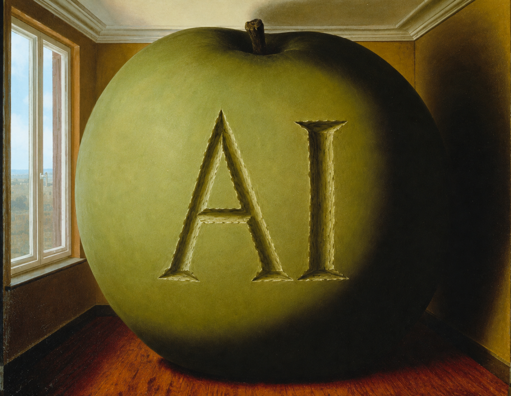 Magritte apple with AI carved in it